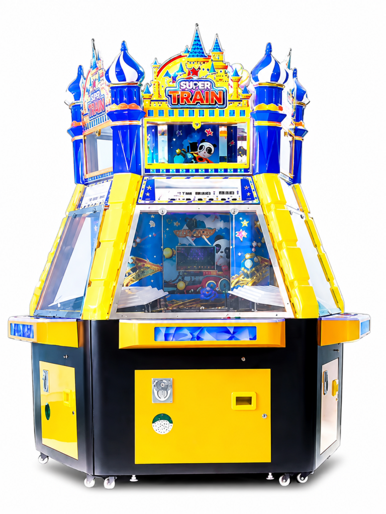 carnival target shooting arcade machine with blue and yellow cabinet