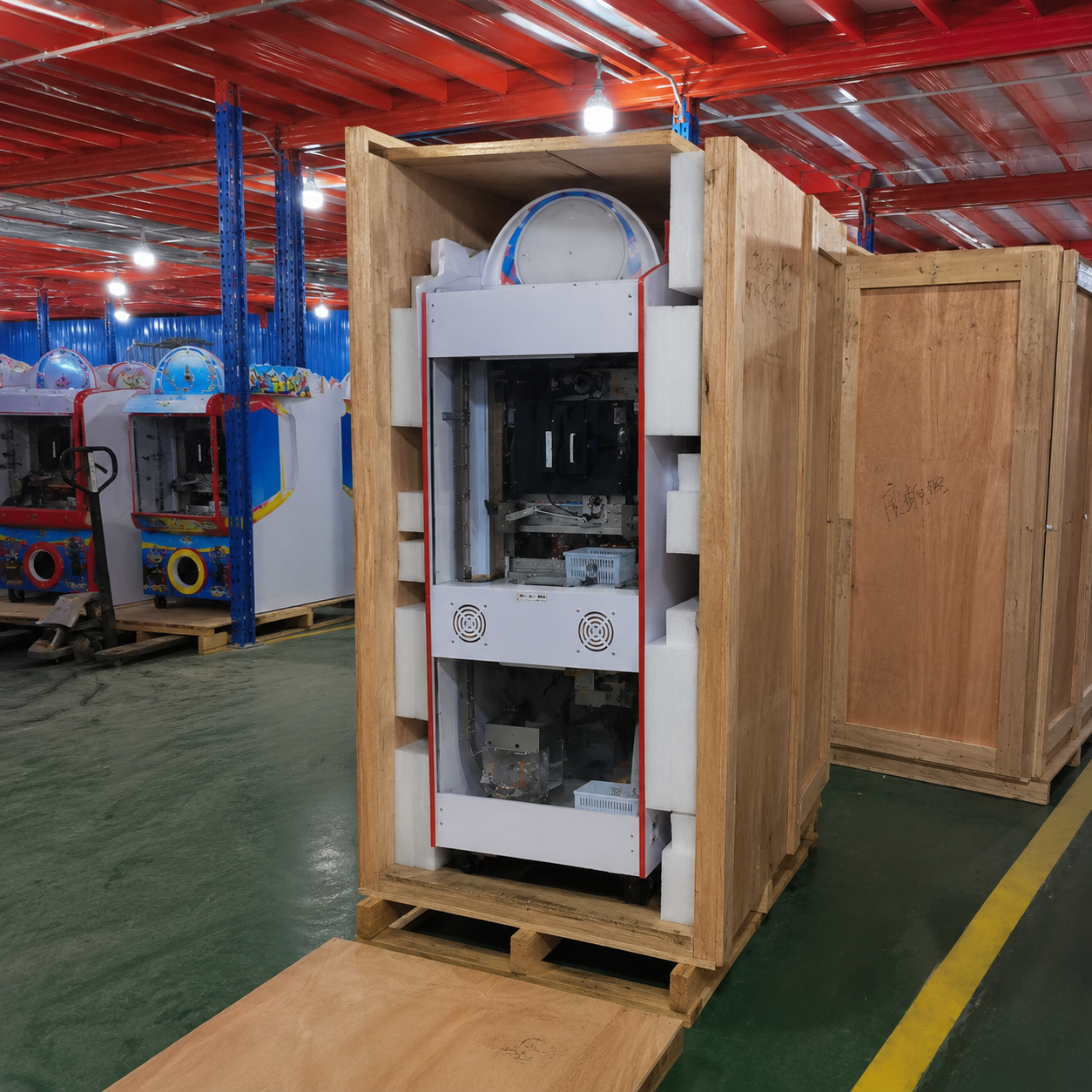 Commercial arcade machine packed in an export wooden case