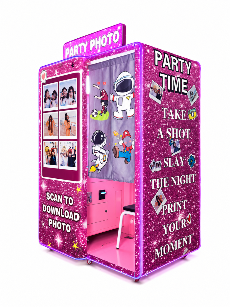 party photo booth machine with purple commercial photo booth cabinet