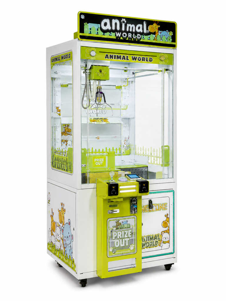 Commercial claw machine with green animal theme cabinet