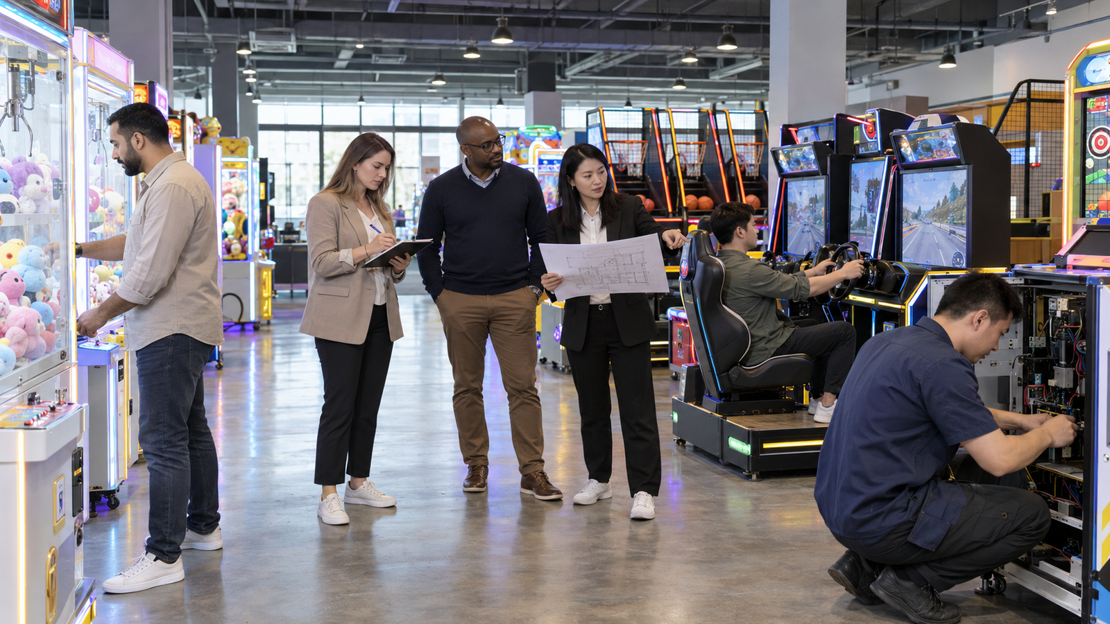 Arcade project cases illustration with international buyers and LeChuang technicians