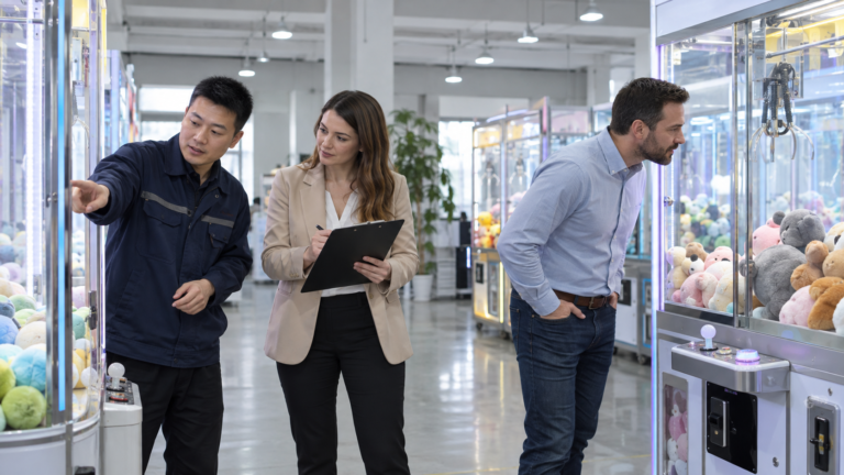 Commercial claw machine buying guide with buyers inspecting arcade equipment guide with buyers inspecting arcade equipment