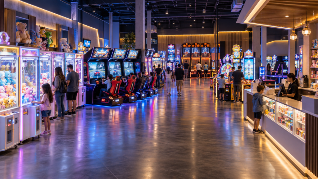 Arcade game room layout with commercial machines and clear customer flow